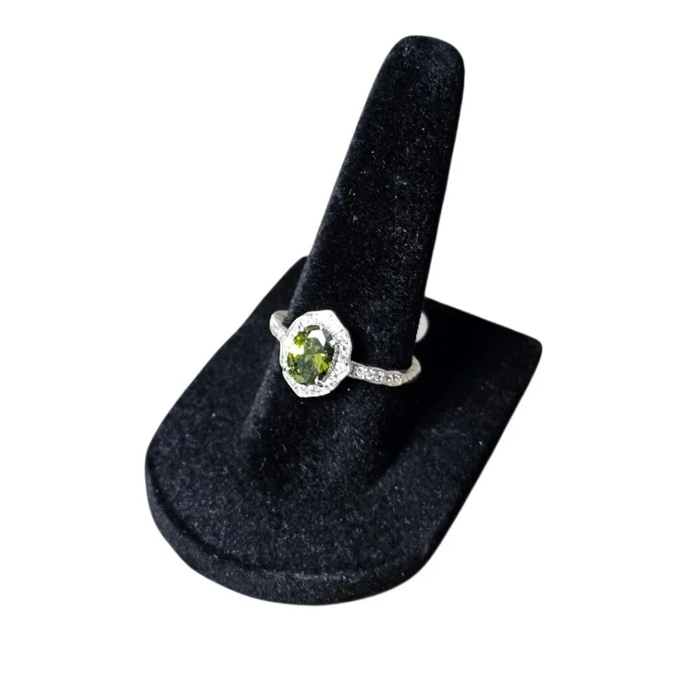 Silver Tone White Topaz Smokey Olive Tourmaline Halo Diamante CZ Ring New Size 7